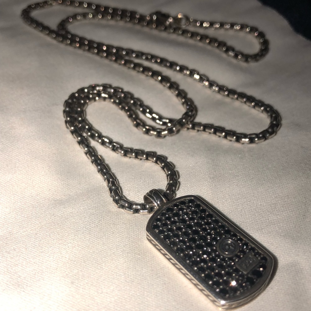 David Yurman Black Diamond Dog Tag & Box Chain